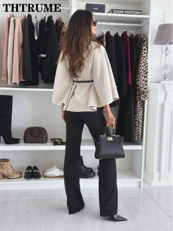Women's Batwing Loose Fashion Designer Belted Jackets - Image 2