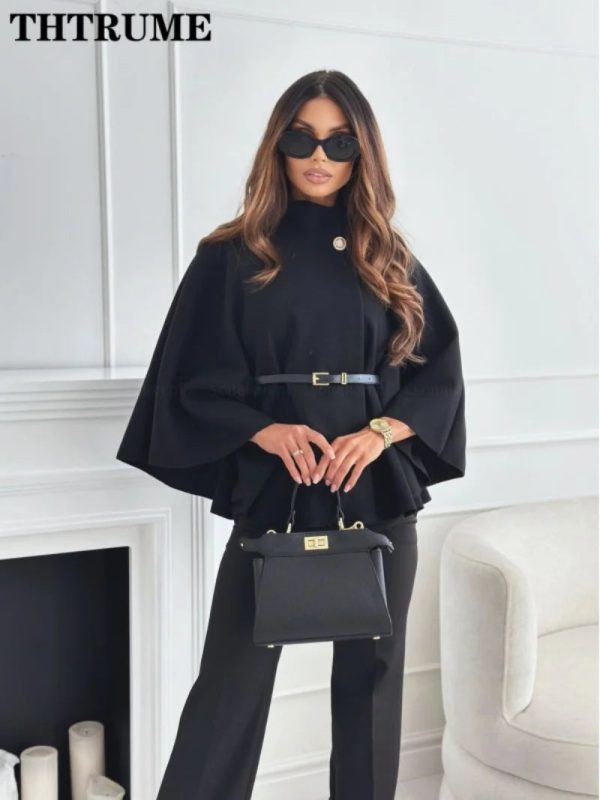 Women's Batwing Loose Fashion Designer Belted Jackets - Image 5
