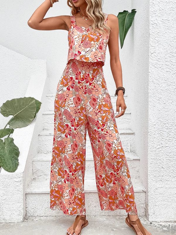 Women's Fashion Designer Wide Leg Jumpsuits Floral Rompers - Image 3