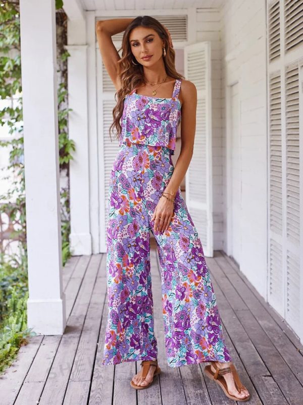 Women's Fashion Designer Wide Leg Jumpsuits Floral Rompers - Image 4