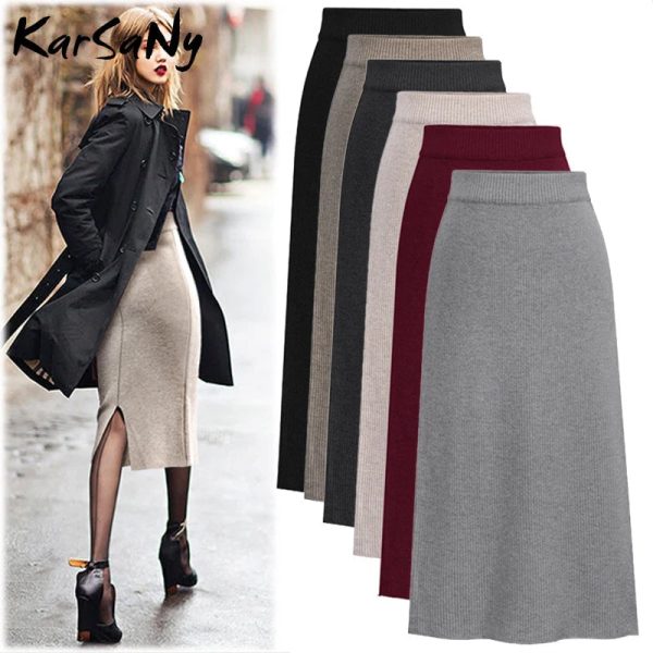 Women's Knitted High Waist Fashion Designer Midi Skirts (Plus Size) - Image 2