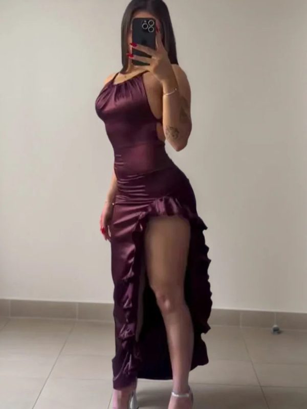 Women's Ruffled Trim High Split Fashion Designer Bodycon Dresses (Midi) - Image 2
