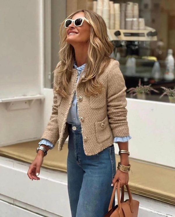 Women's Rustic Tops Fashion Designer Tweed Woolen Jackets - Image 4