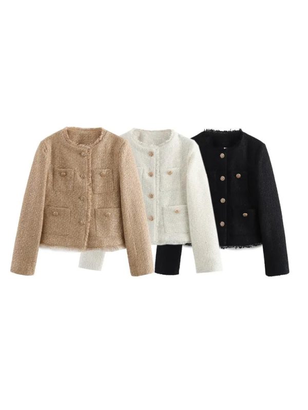 Women's Rustic Tops Fashion Designer Tweed Woolen Jackets - Image 6
