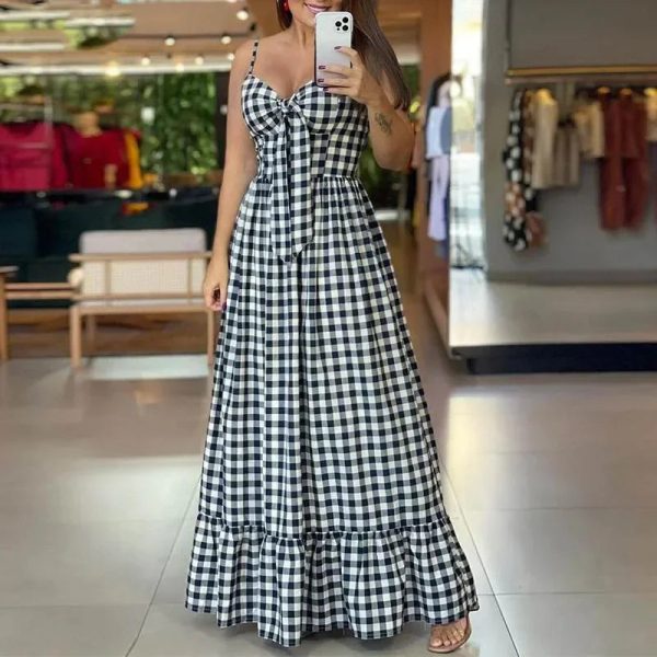 Women's S-10XL Plaid Bow Fashion Designer Long Dresses (Plus Size) - Image 2