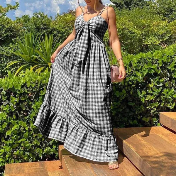 Women's S-10XL Plaid Bow Fashion Designer Long Dresses (Plus Size) - Image 4