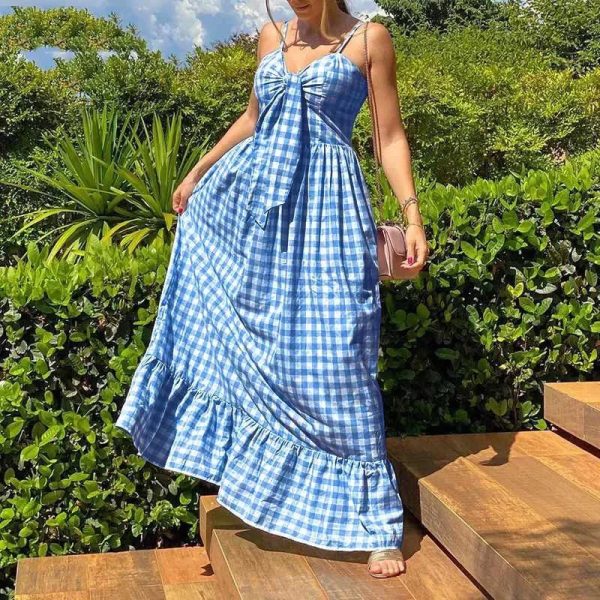Women's S-10XL Plaid Bow Fashion Designer Long Dresses (Plus Size) - Image 5