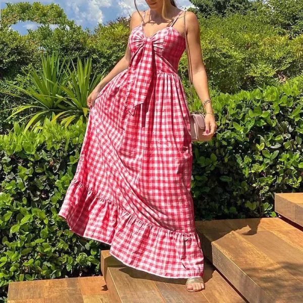 Women's S-10XL Plaid Bow Fashion Designer Long Dresses (Plus Size)