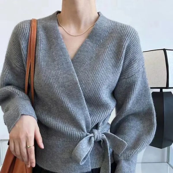 Women's V Neck Wrap Cardigan Knitted Tops Fashion Designer Jerseys - Image 2