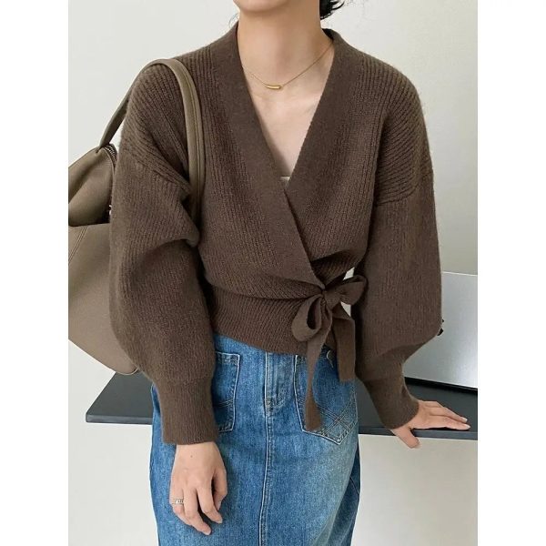 Women's V Neck Wrap Cardigan Knitted Tops Fashion Designer Jerseys - Image 3