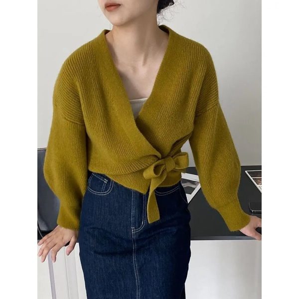 Women's V Neck Wrap Cardigan Knitted Tops Fashion Designer Jerseys - Image 4