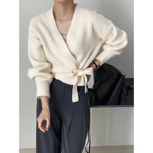 Women's V Neck Wrap Cardigan Knitted Tops Fashion Designer Jerseys - Image 5
