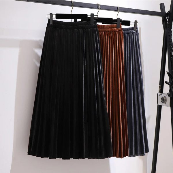 Women's Velvet Fashion Designer 5-9XL A-Line Pleated Midi Skirts (Plus Size)